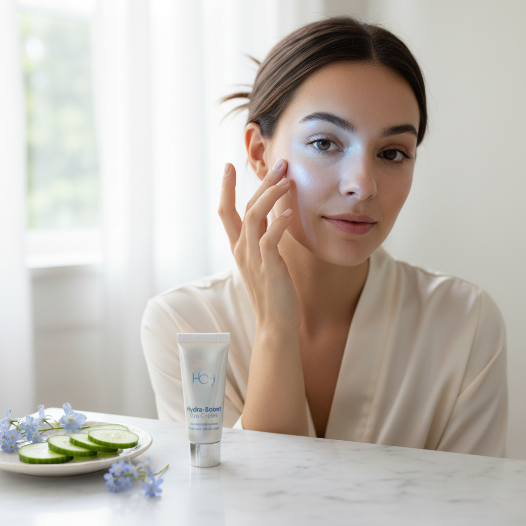 Hydra-Boost Eye Cream lifestyle shot with cucumber and flowers