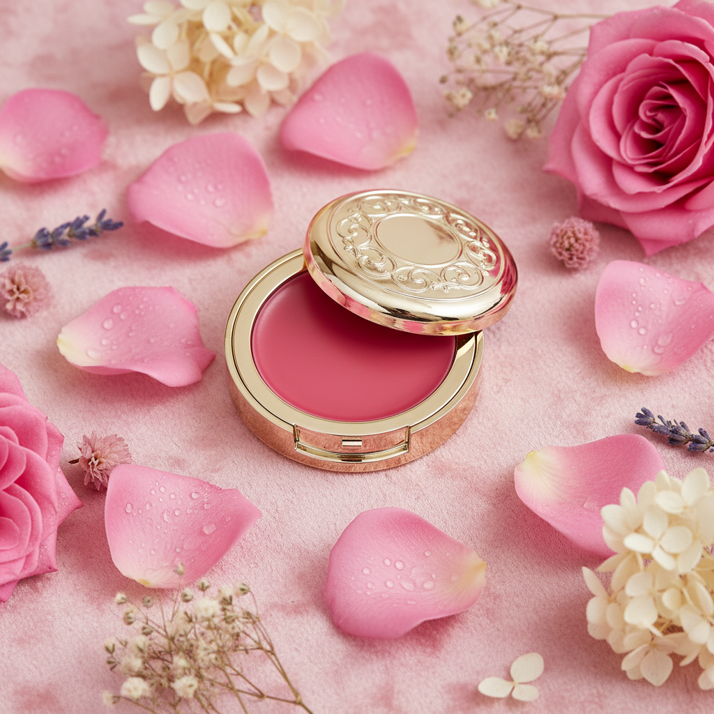 Velvet Rose Lip Butter in gold compact with rose petals