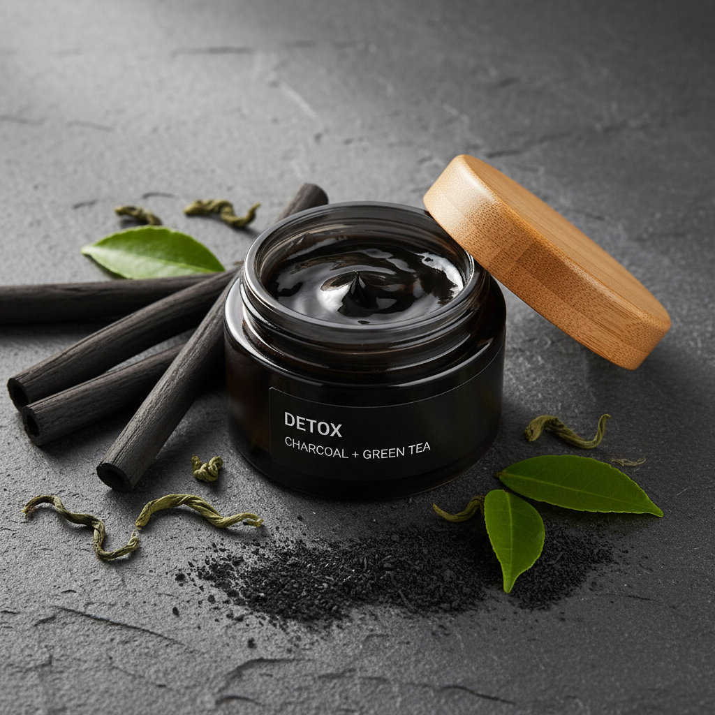 Purifying Charcoal Face Mask jar with bamboo charcoal and green tea